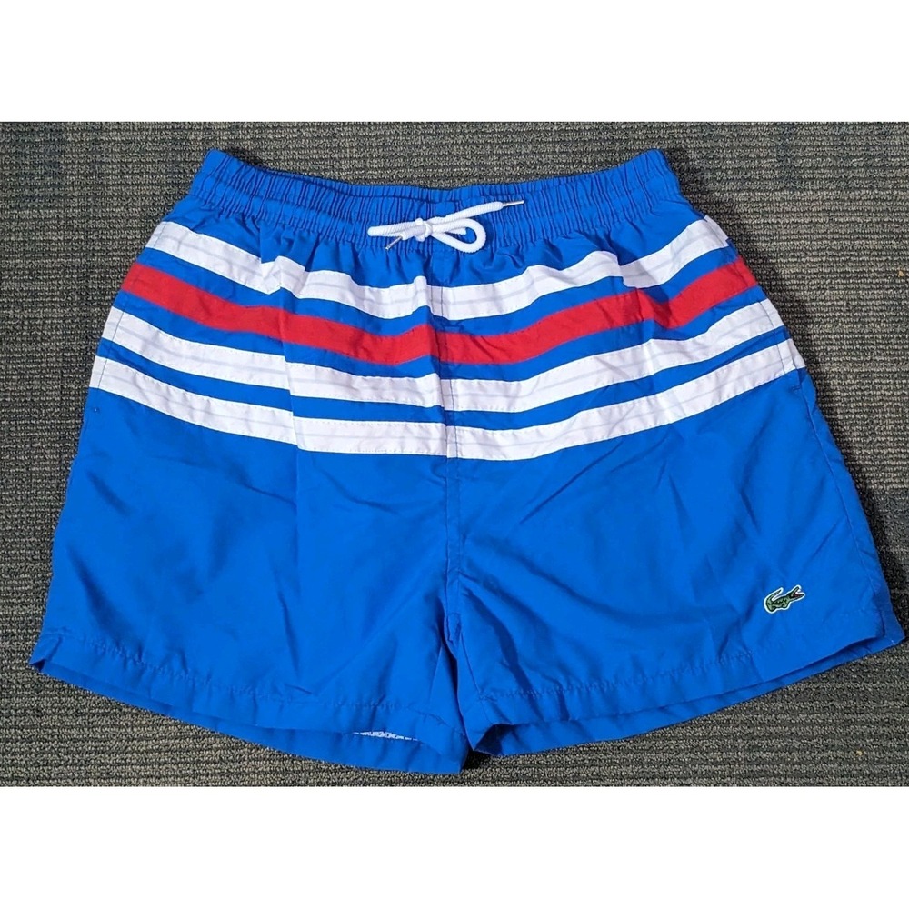 Vtg Lacoste Sport Swim Trunks Mens Elastic Waist Mesh Lined Shorts Blue Striped